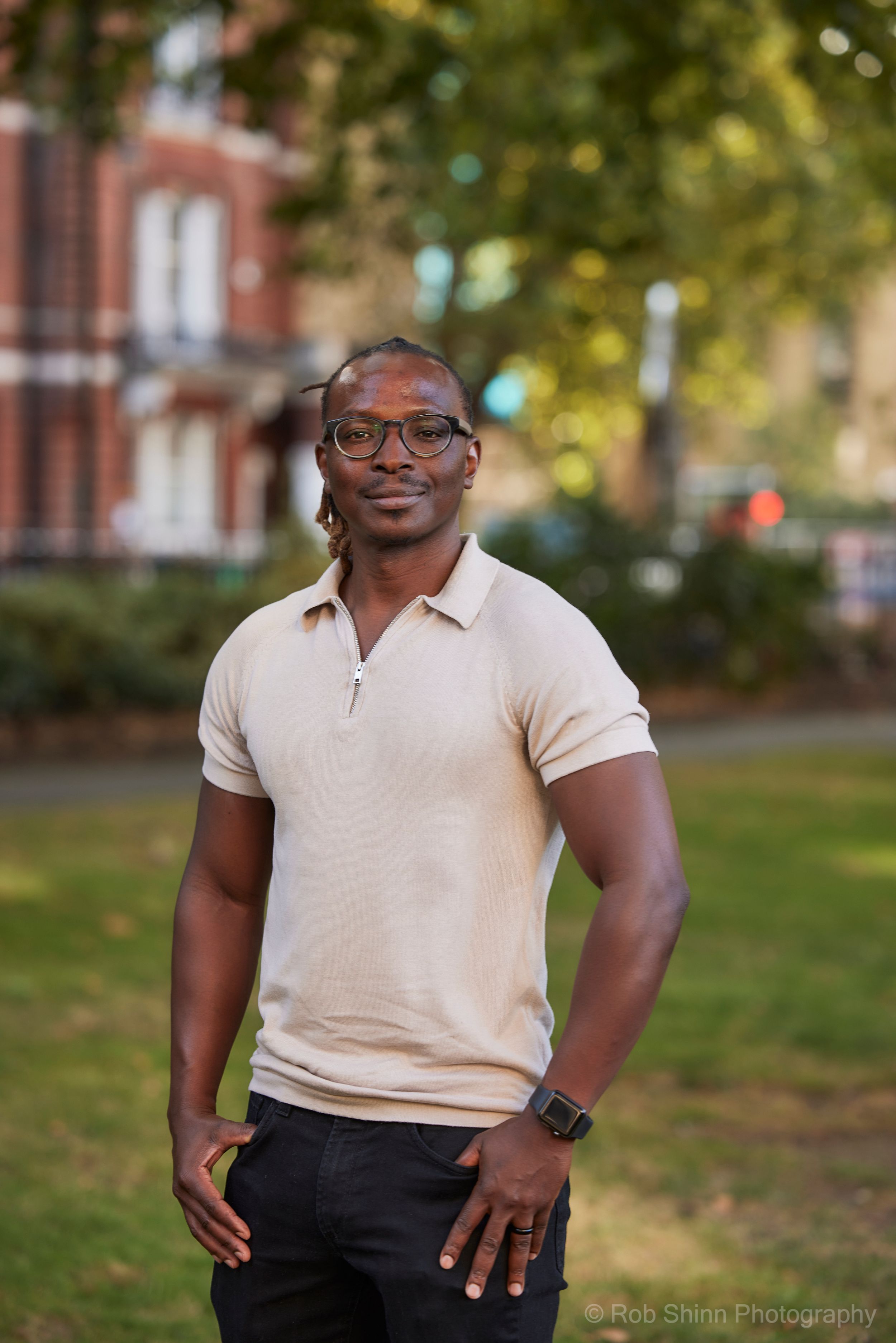Outdoor portrait series in a park setting with soft natural lighting and bokeh effect.