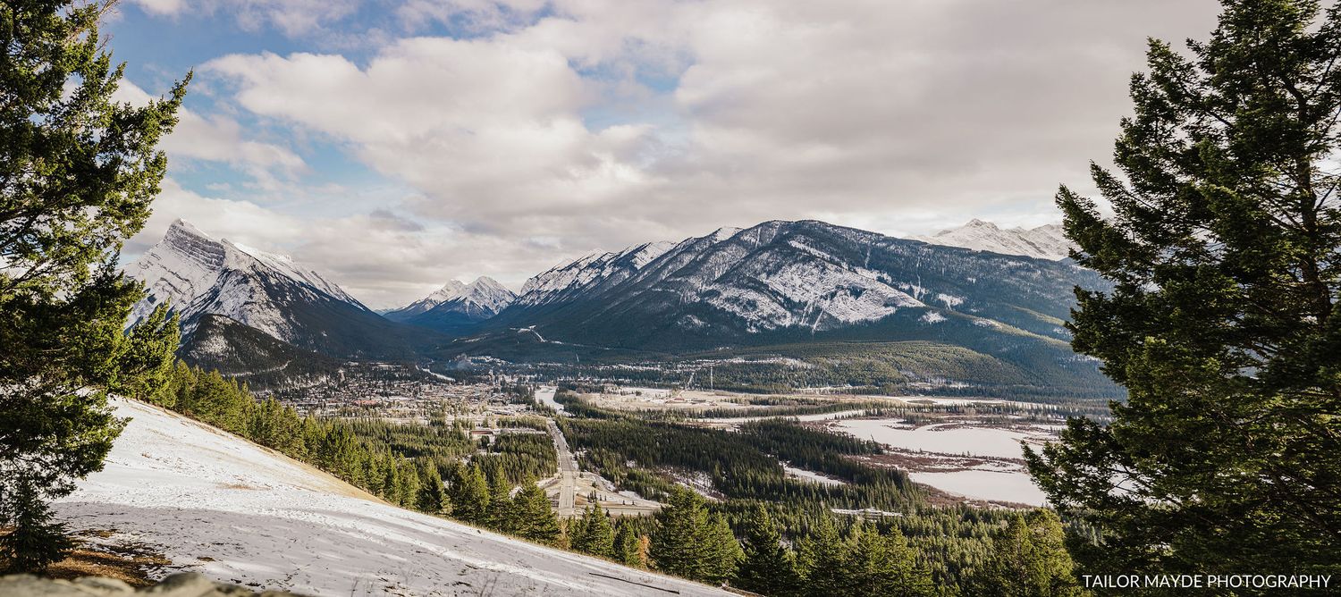 Panoramic mountain landscape with snow-capped peaks and valley under cloudy sky.
