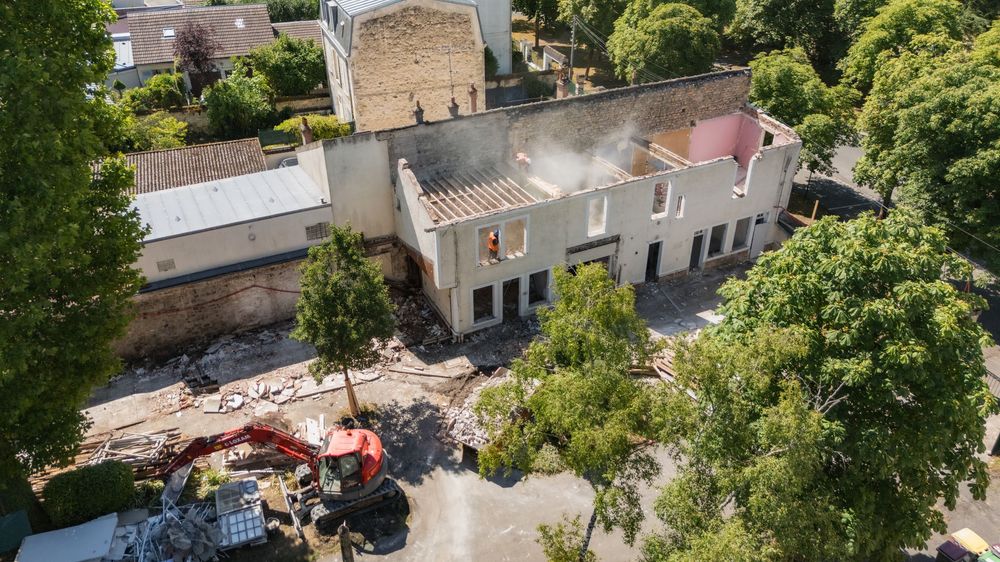 Vue d'ensemble aérienne, chantier de démolition