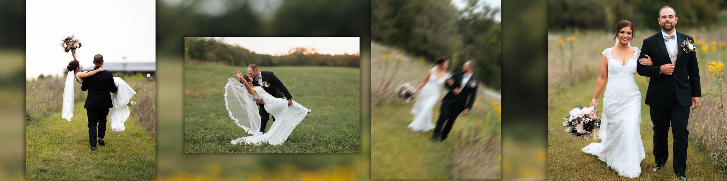 A couple in wedding attire poses romantically together on a scenic grassy hillside during an outdoor photo session.