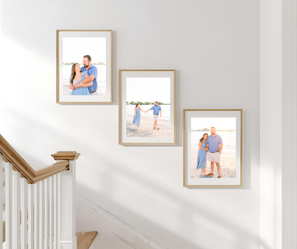 stairwell artwork framed in prints of a couple on the beach during golden hour in st. Pete florida