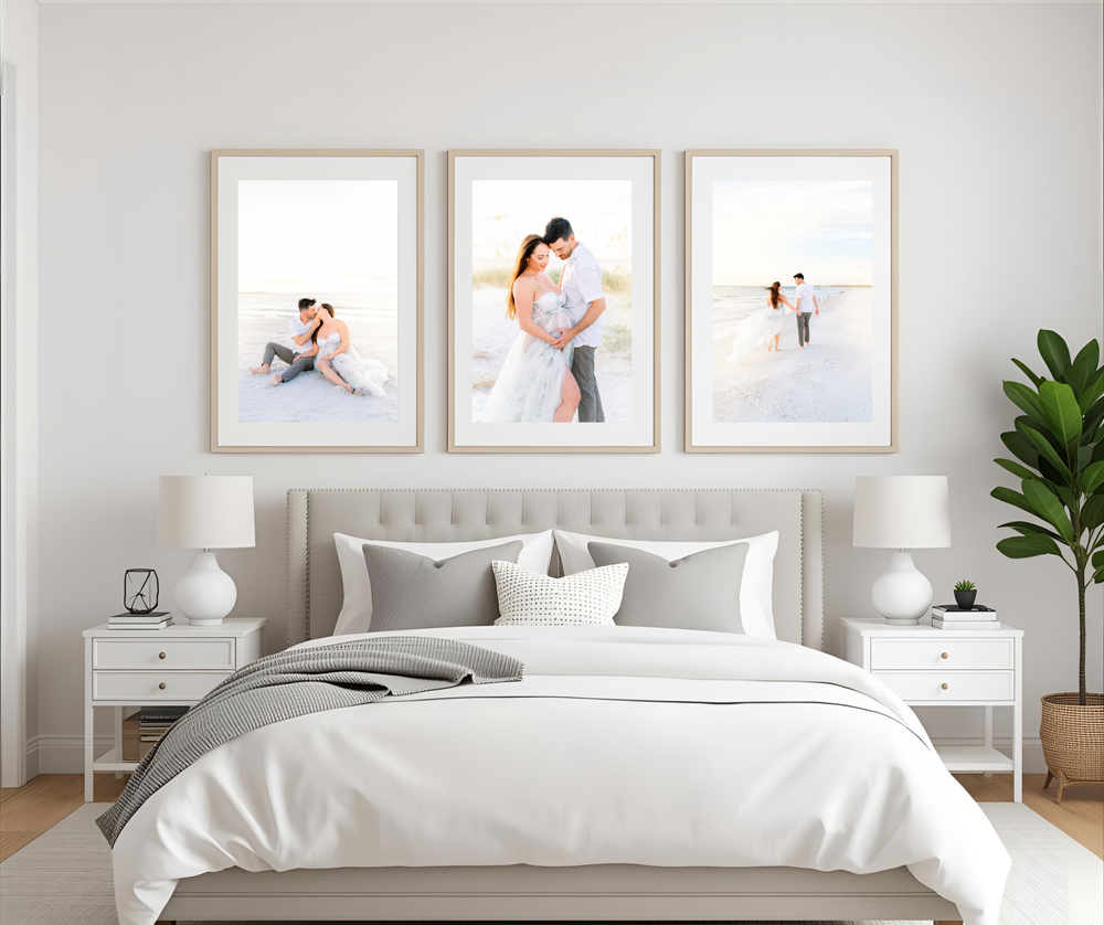 framed artwork over a master bedroom for a maternity session in Tampa florida