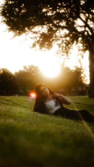 Person lying on grass during golden hour sunset with trees in background.