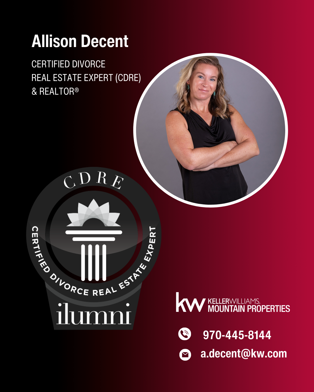Logos of sponsor of Charlie's Pooch Playoffs "Allison Decent, Certified Divorce Real Estate Expert  & Realtor with KW Mountain Properties"