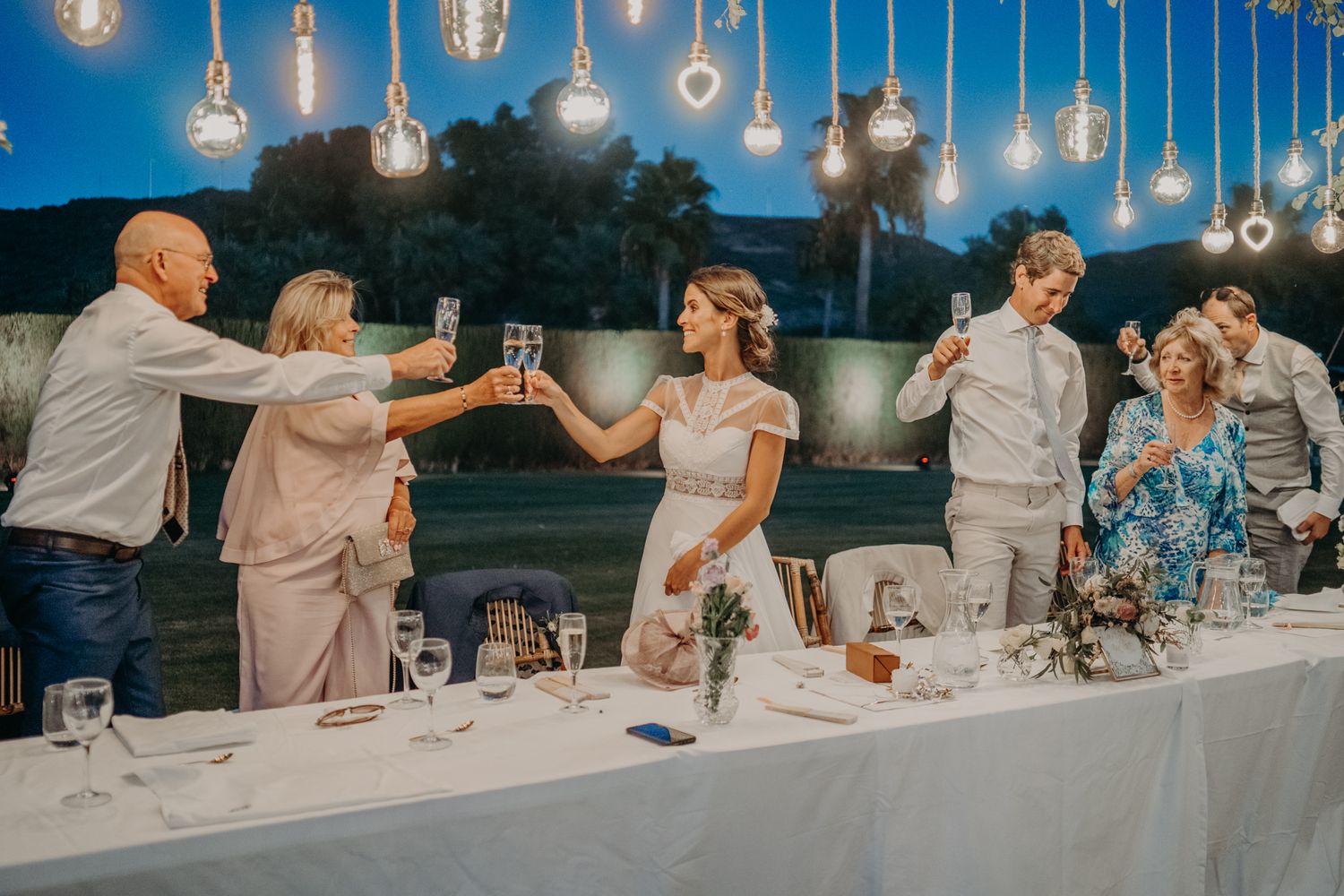 A wedding reception dinner toast under hanging string lights during a beautiful outdoor evening celebration.