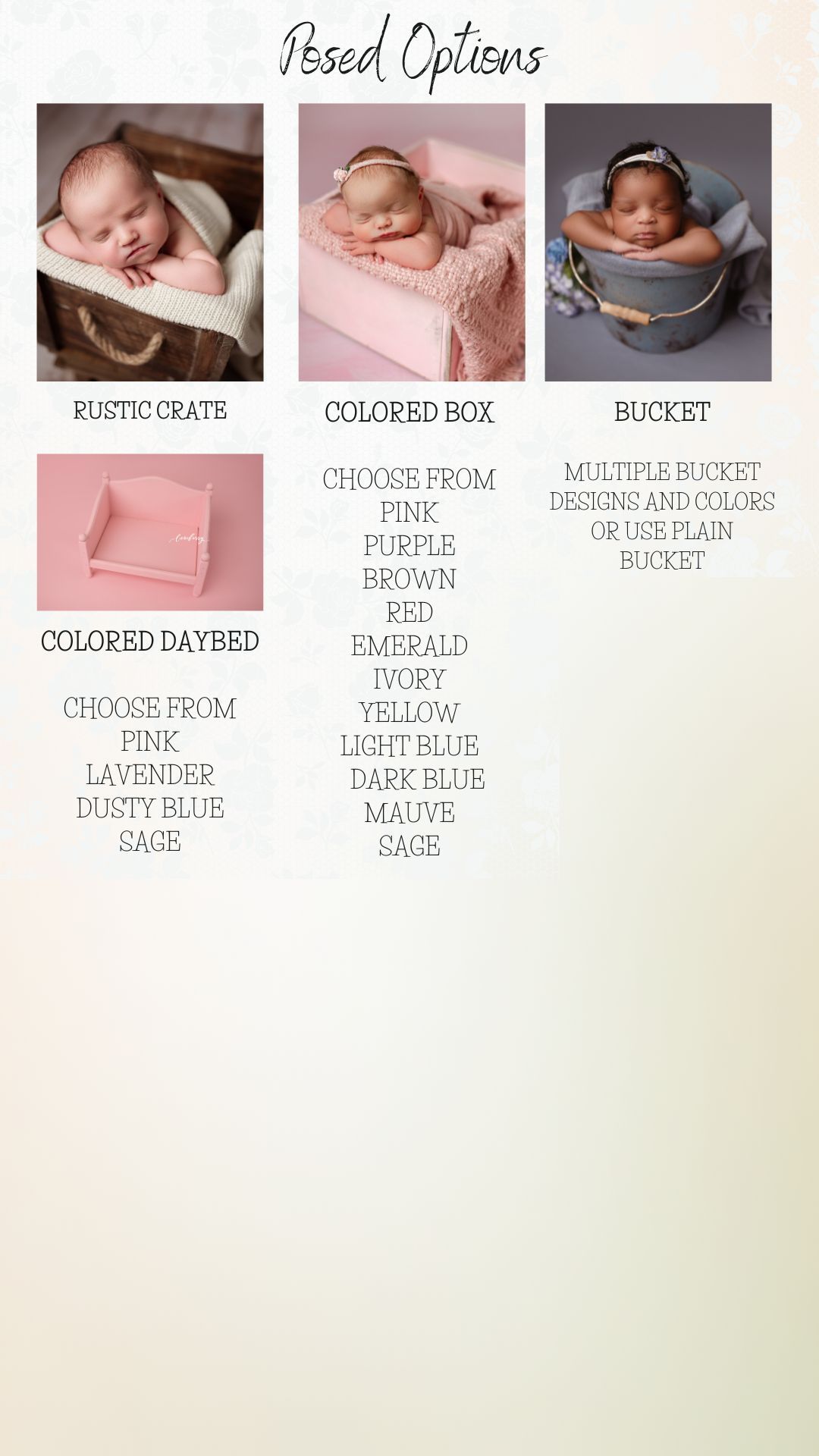 Collection of newborn photography props showing different wrapping styles including fabric, baskets, bowls and boxes in various colors.