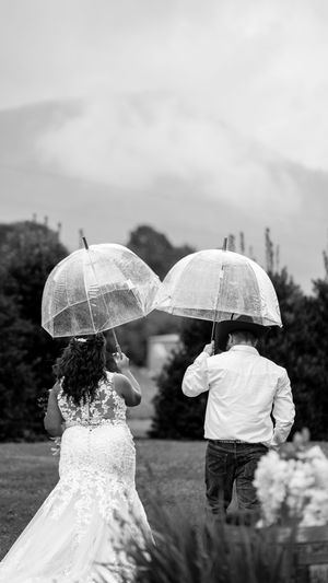 A black and white wedding photo series showing a couple holding clear umbrellas outdoors.