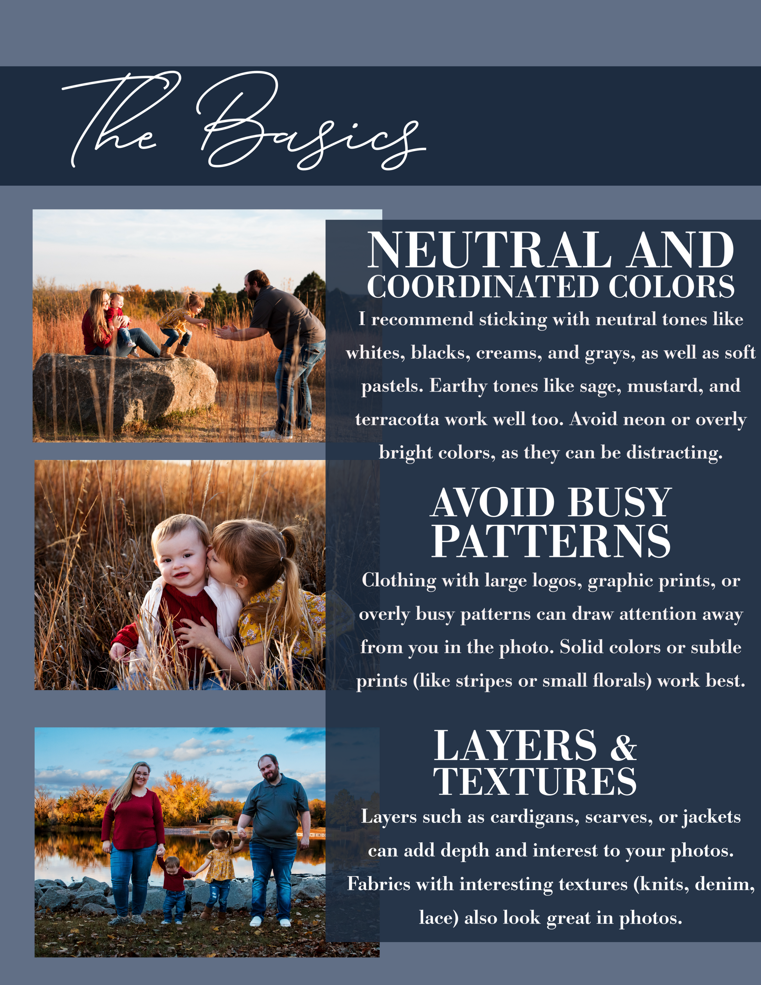 A photography style guide showing examples of coordinated outfits in neutral colors against autumn landscapes.
