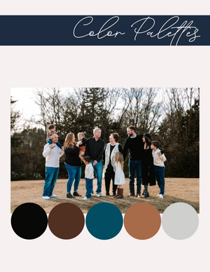 A color palette features black, brown, teal, terracotta, and gray tones inspired by a casual outdoor group photo.