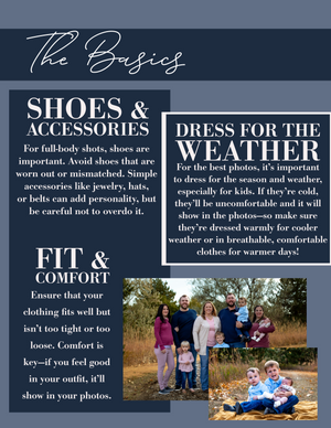Photography guide showing tips for clothing and accessories including dress tips for weather and comfortable shoes.