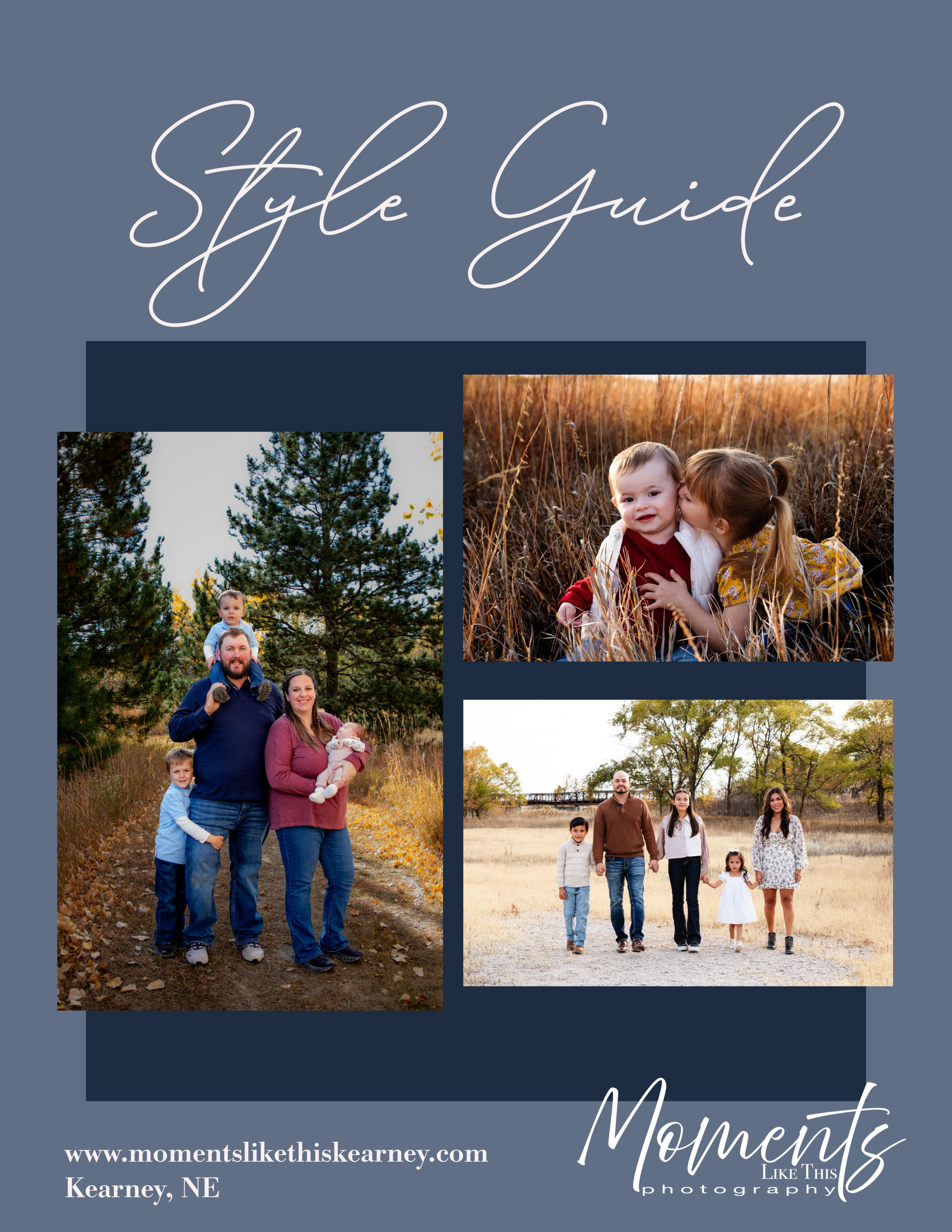 Style guide mockup showing three outdoor family photo sessions set against natural landscapes in earthy tones.