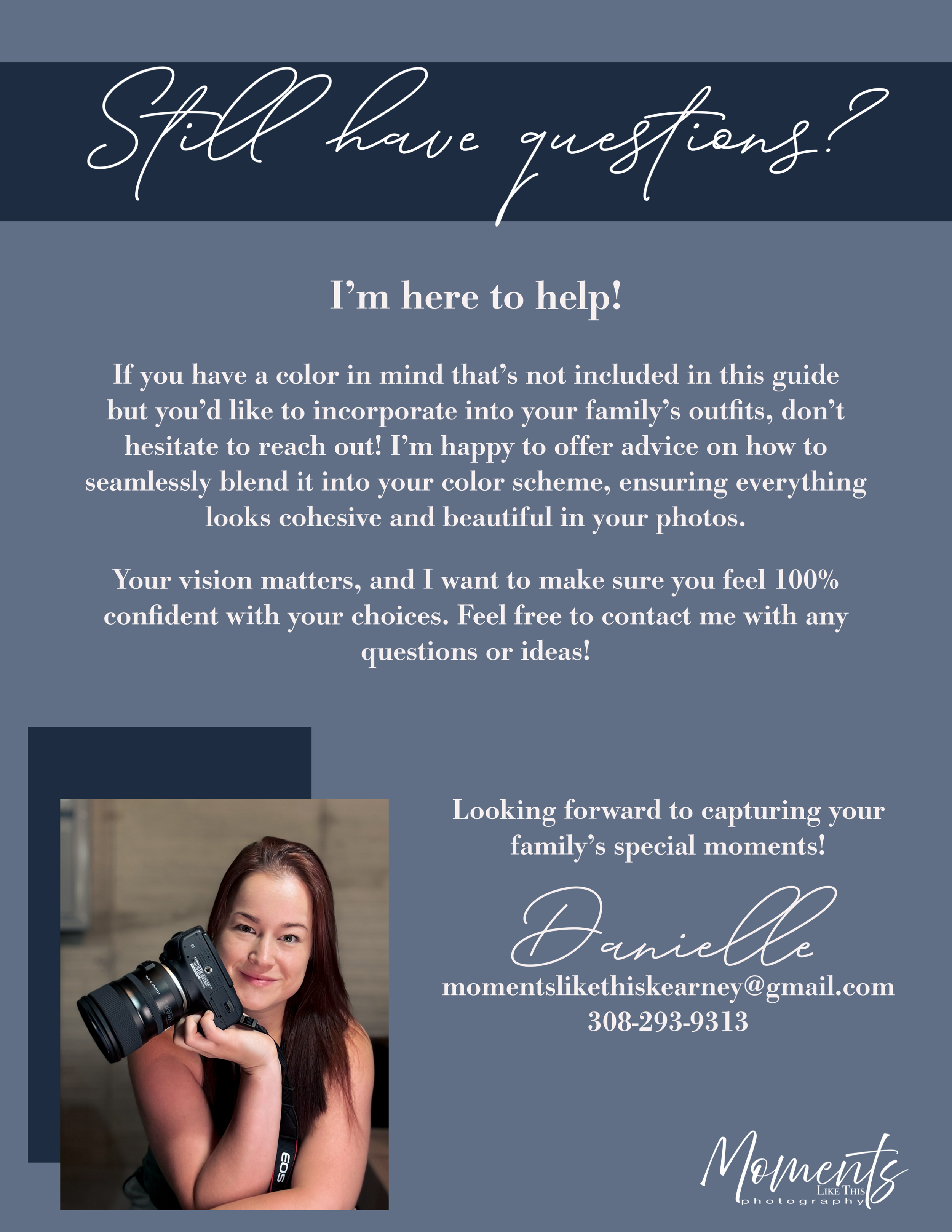 Photography business promotional design with handwritten text and dark blue tones showing photographer with camera.