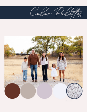 Fall color palette inspiration featuring warm brown, taupe, lavender and floral pattern swatches against an outdoor photo.