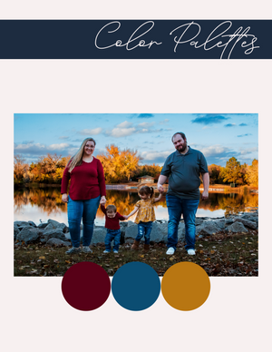 Autumn landscape with a color palette of burgundy, teal blue and golden yellow extracted from a family photo by the lake.