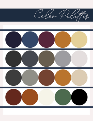A color palette featuring muted tones of navy, burgundy, mustard, beige, black, gray, brown, and forest green arranged in rows.