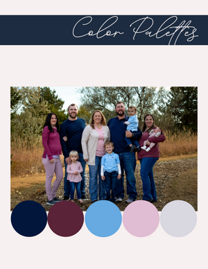 A coordinated color palette featuring navy blue, burgundy, light blue, pale pink and white inspired by an autumn family portrait.