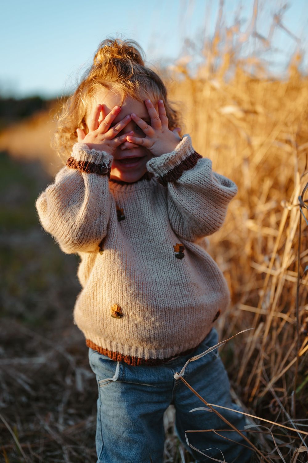 Young child in beige knit sweater covering face with hands, standing in golden wheat field at sunset.