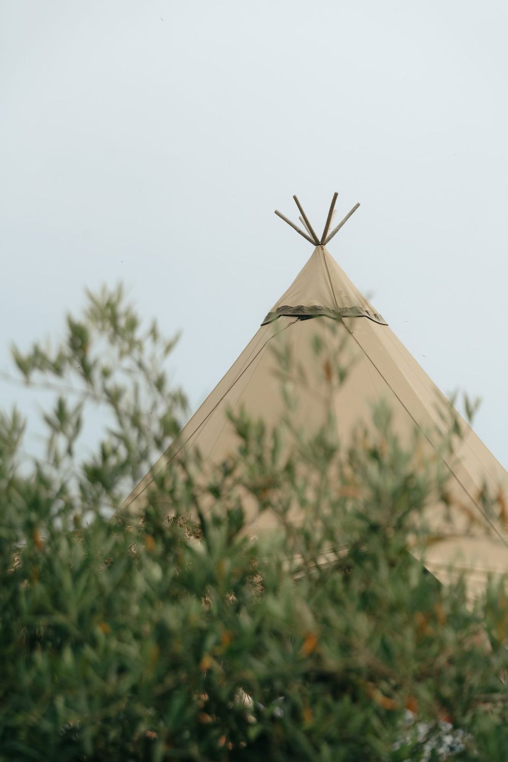 Teepee tent structure peeking through natural foliage against light sky.