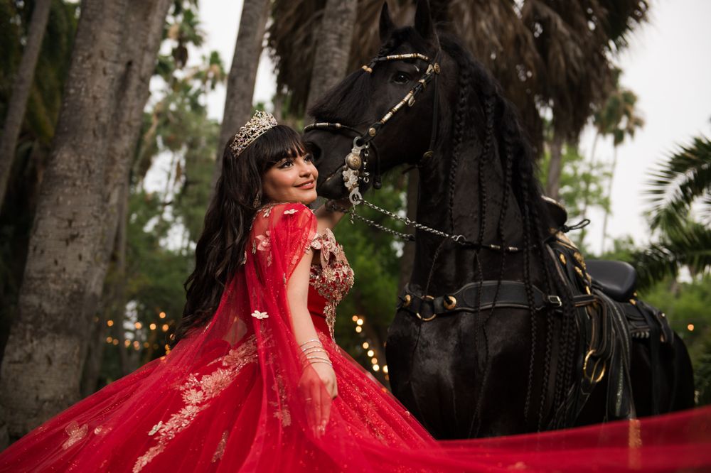Red formal gown with gold details photographed next to black horse statue outdoors.