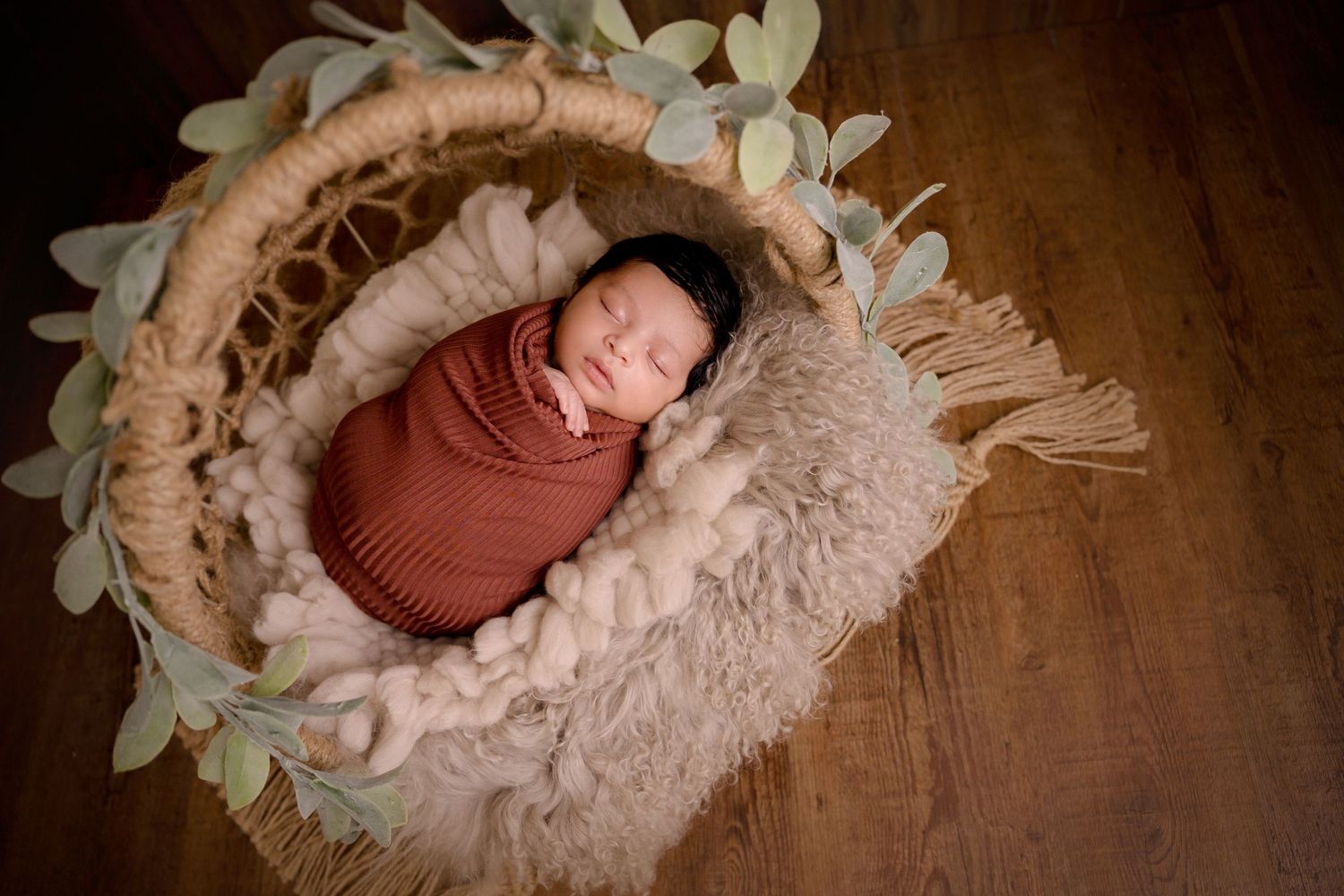 Newborn photoshoot Prince Albert, wrapped baby newborn boy in neutral and natural green prop