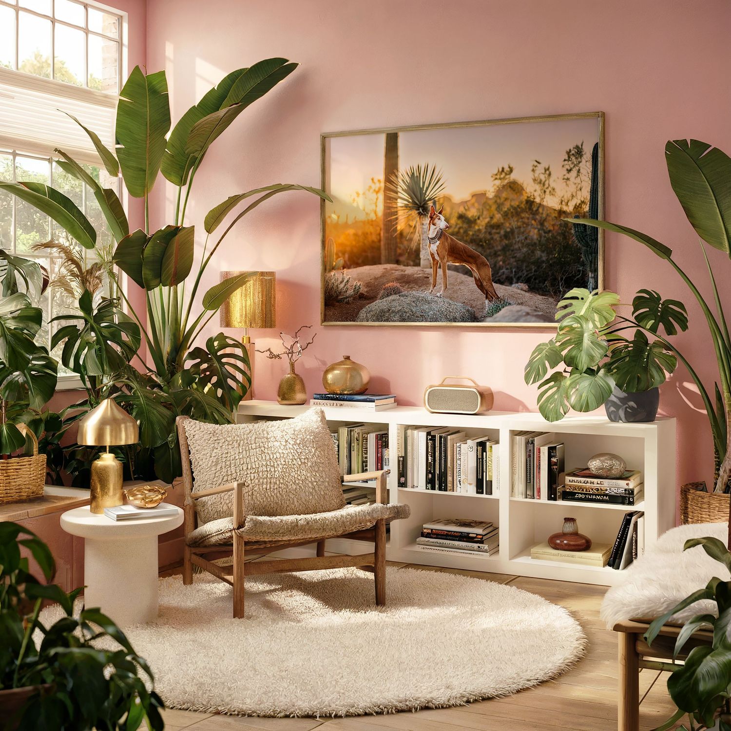 A cozy living room corner with pink walls, tropical plants, rattan furniture, and a large framed art print above a bookshelf.