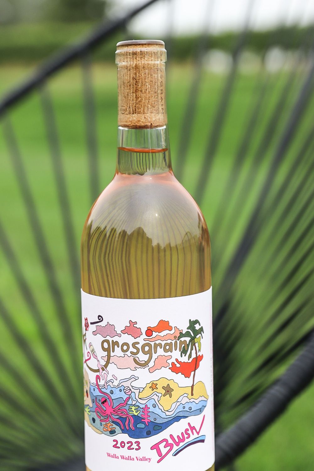 Bottle of Grosgrain 2023 wine with colorful illustrated label against palm frond background.