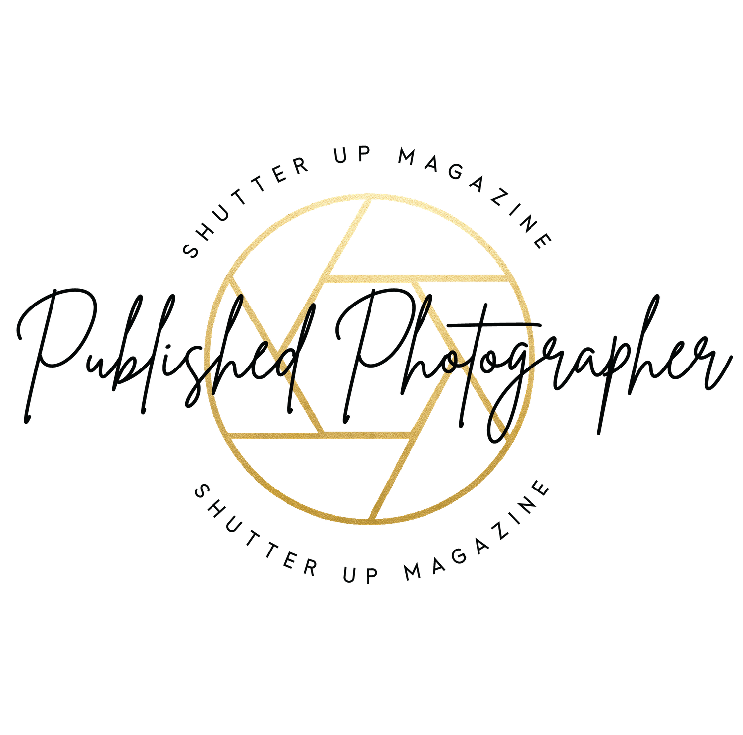 Golden camera aperture or shutter logo design with overlapping triangular segments on black background.