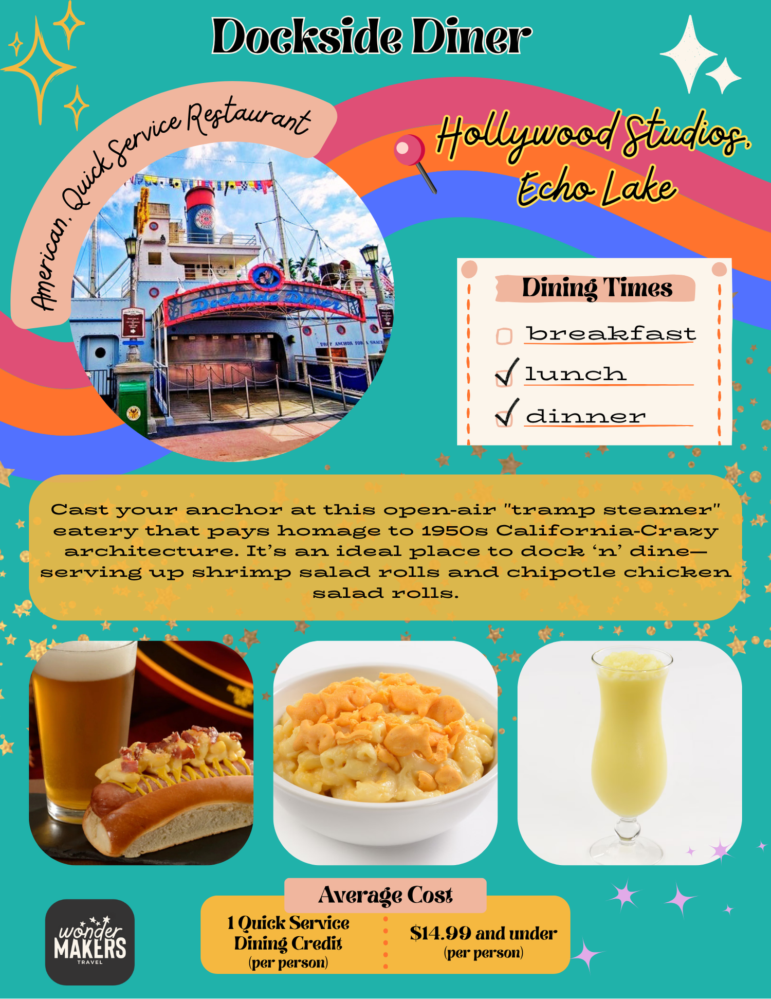 Restaurant menu card for Dockside Diner showing exterior photo and food items including hot dogs and mac and cheese.