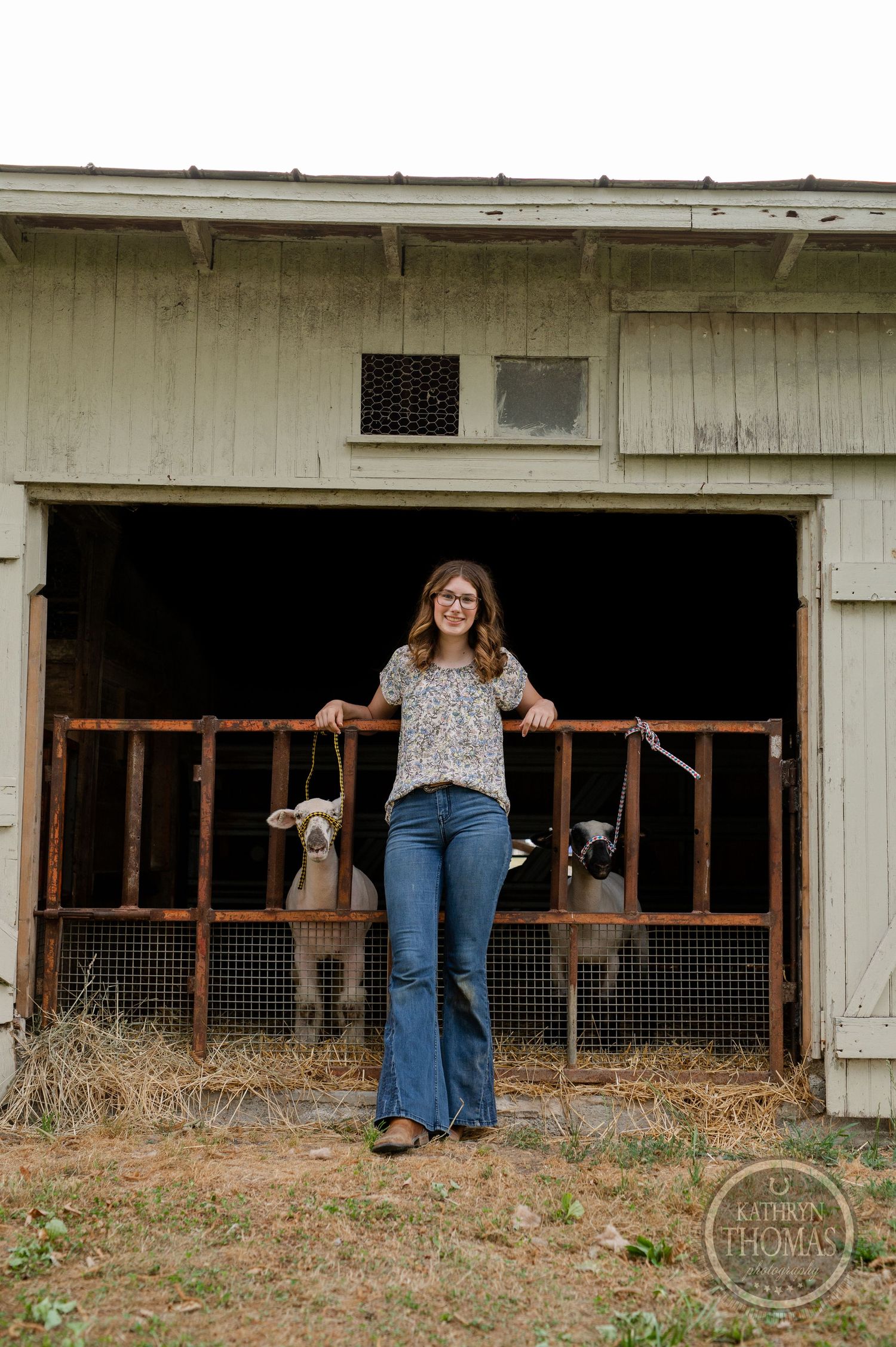 A rustic barn setting with someone standing at the entrance while show animals peek through the railings.