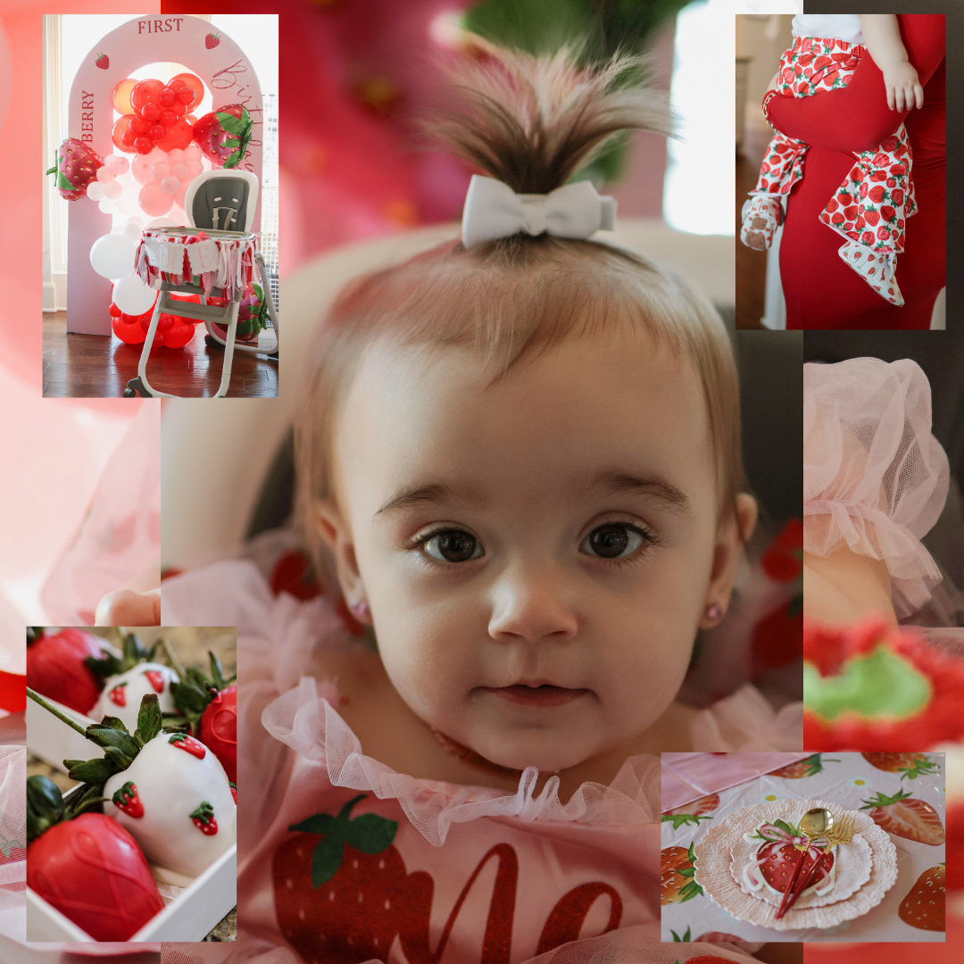 Strawberry themed photo shoot with pink and red decor elements.