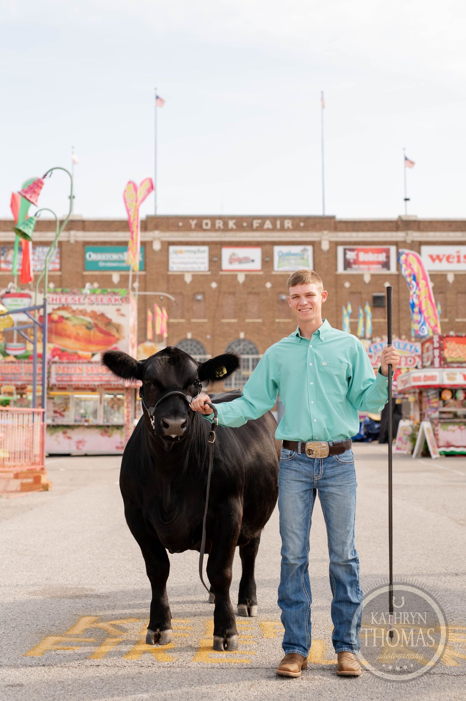 A black show cow stands with handler at York State Fair against backdrop of carnival rides.