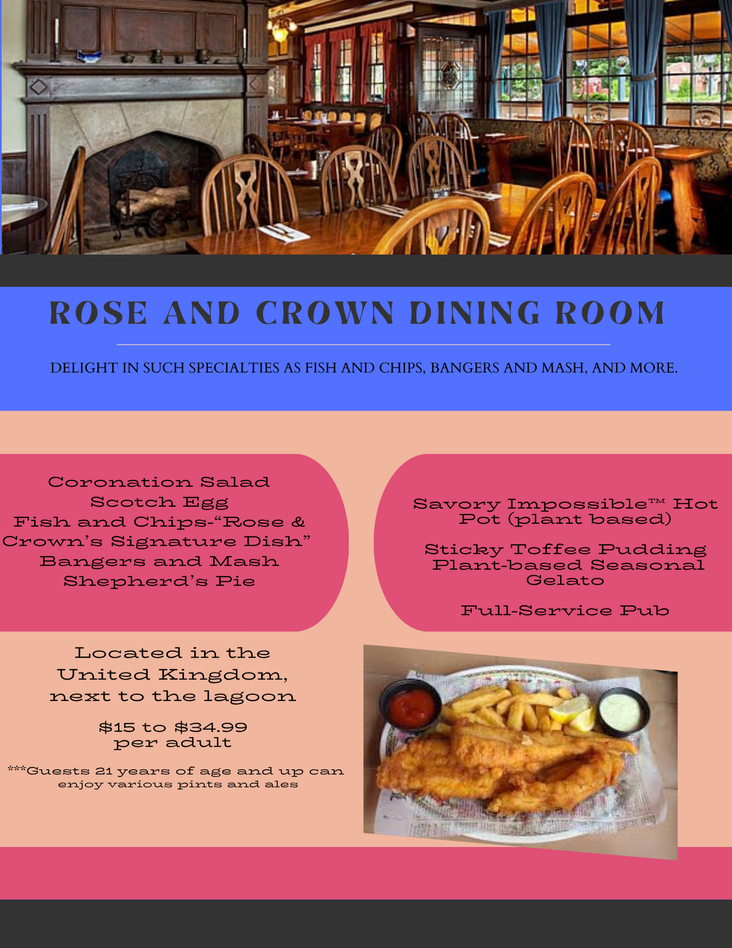 Collection of restaurant dining room interior photos and menu items featuring British pub fare like fish and chips and bangers and mash.