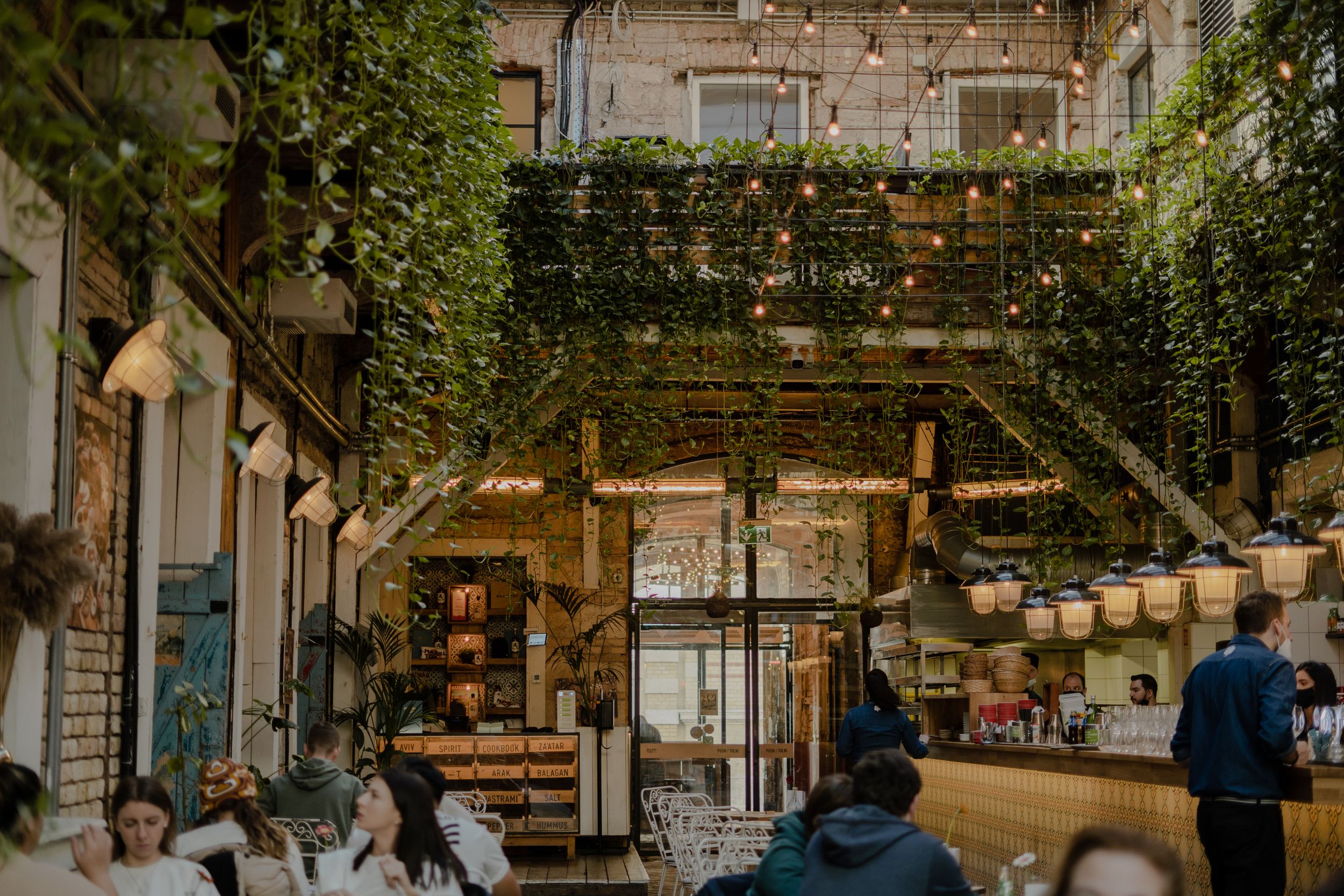 A cozy restaurant interior with hanging plants and wooden beams creating a warm atmosphere in a rustic setting.