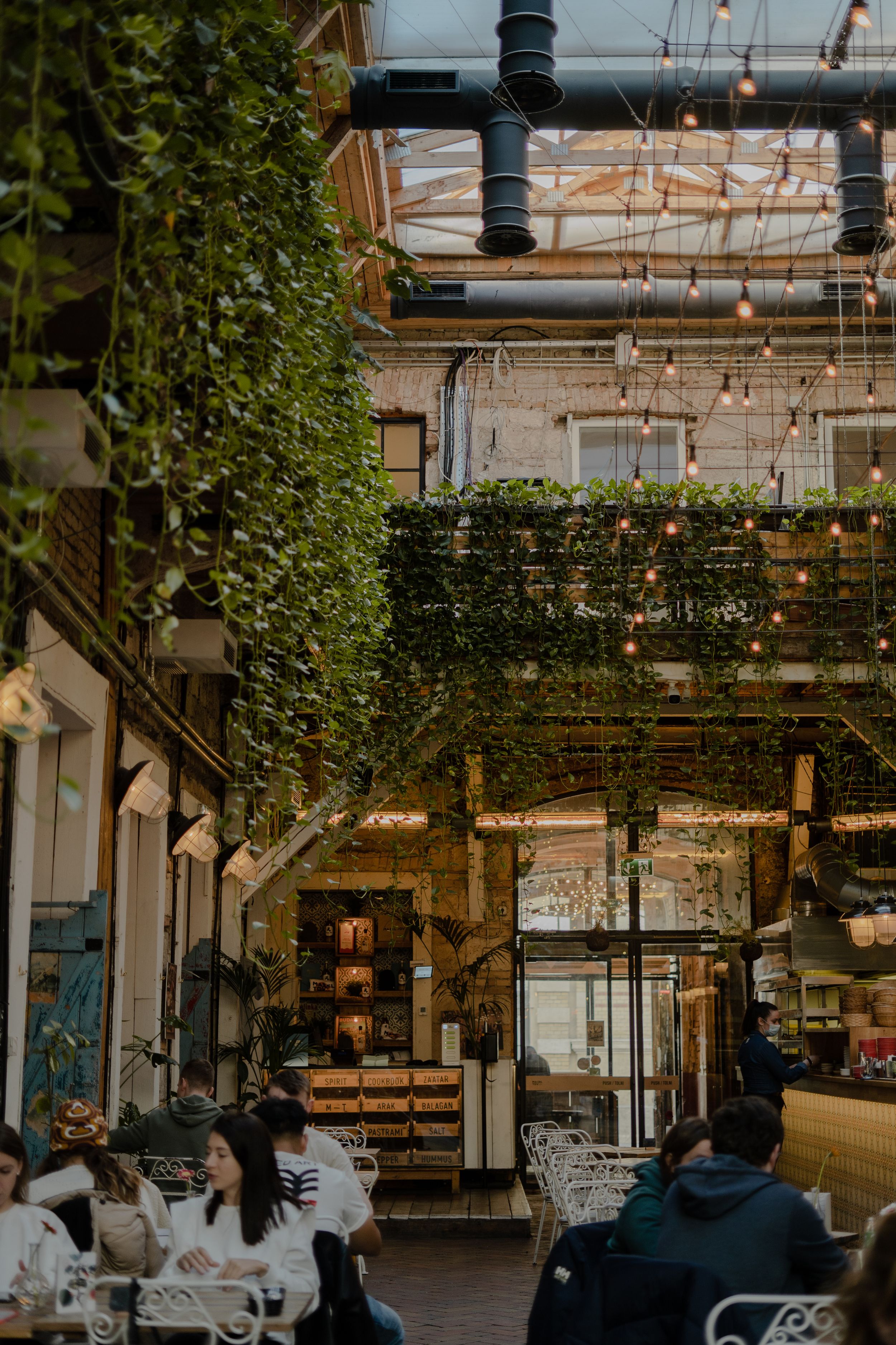 A cozy outdoor restaurant patio covered in hanging vines and string lights creates an intimate atmosphere at sunset.