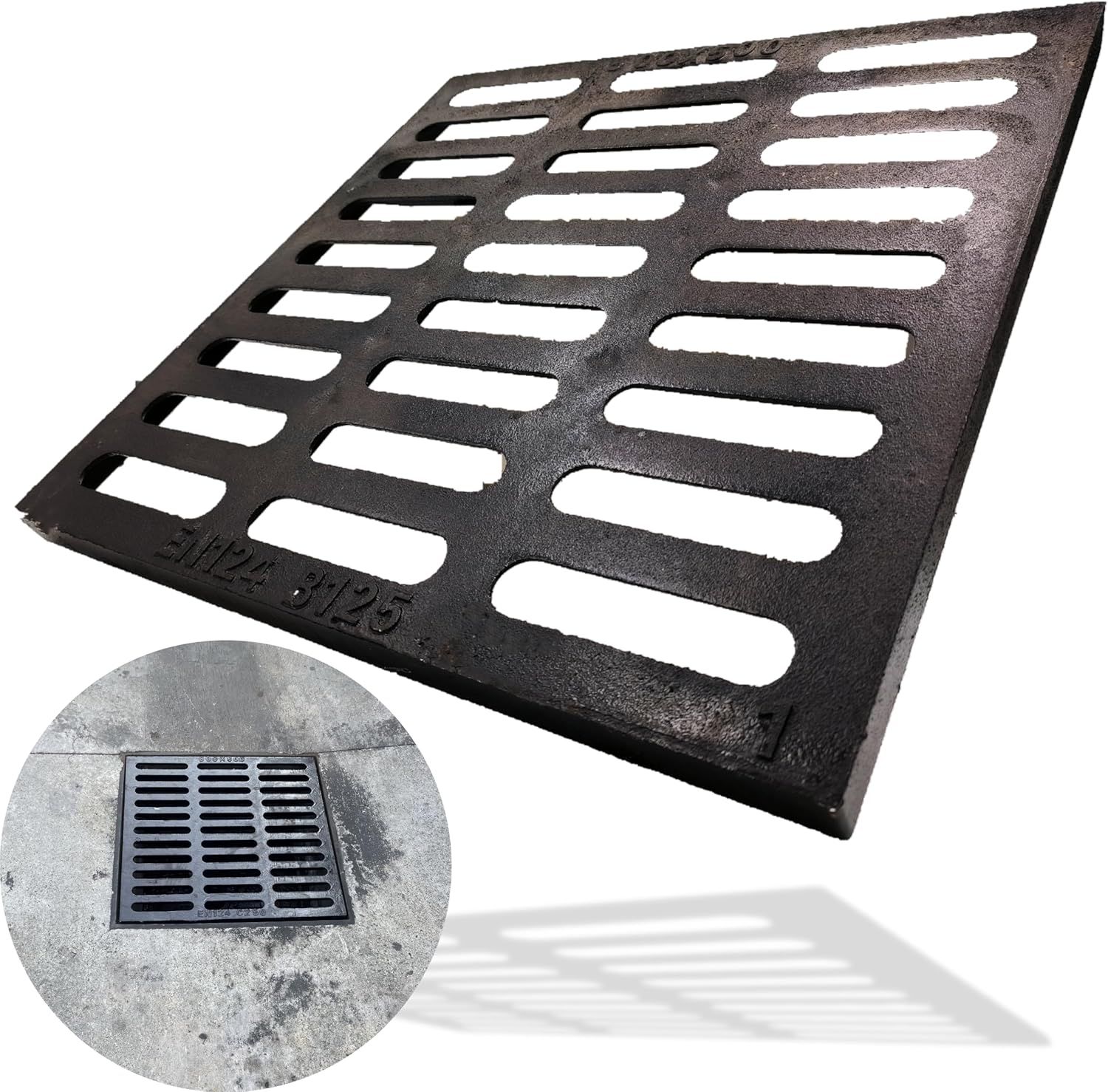Heavy duty cast iron street drain grate cover with elongated slot pattern.
