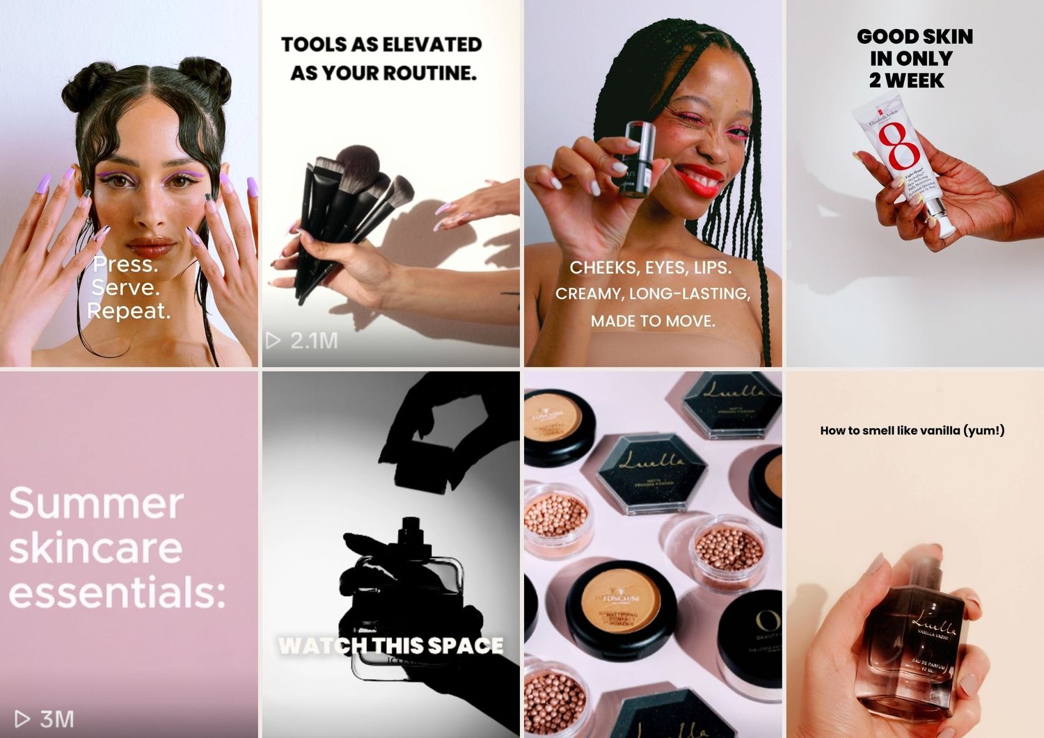 Beauty and skincare product flatlay collection with pink and neutral tones.