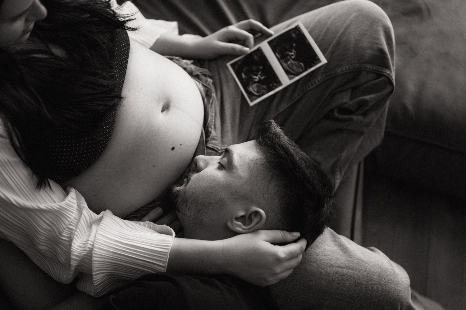 A series of black and white ultrasound photos showing pregnancy progression and medical examination moments.