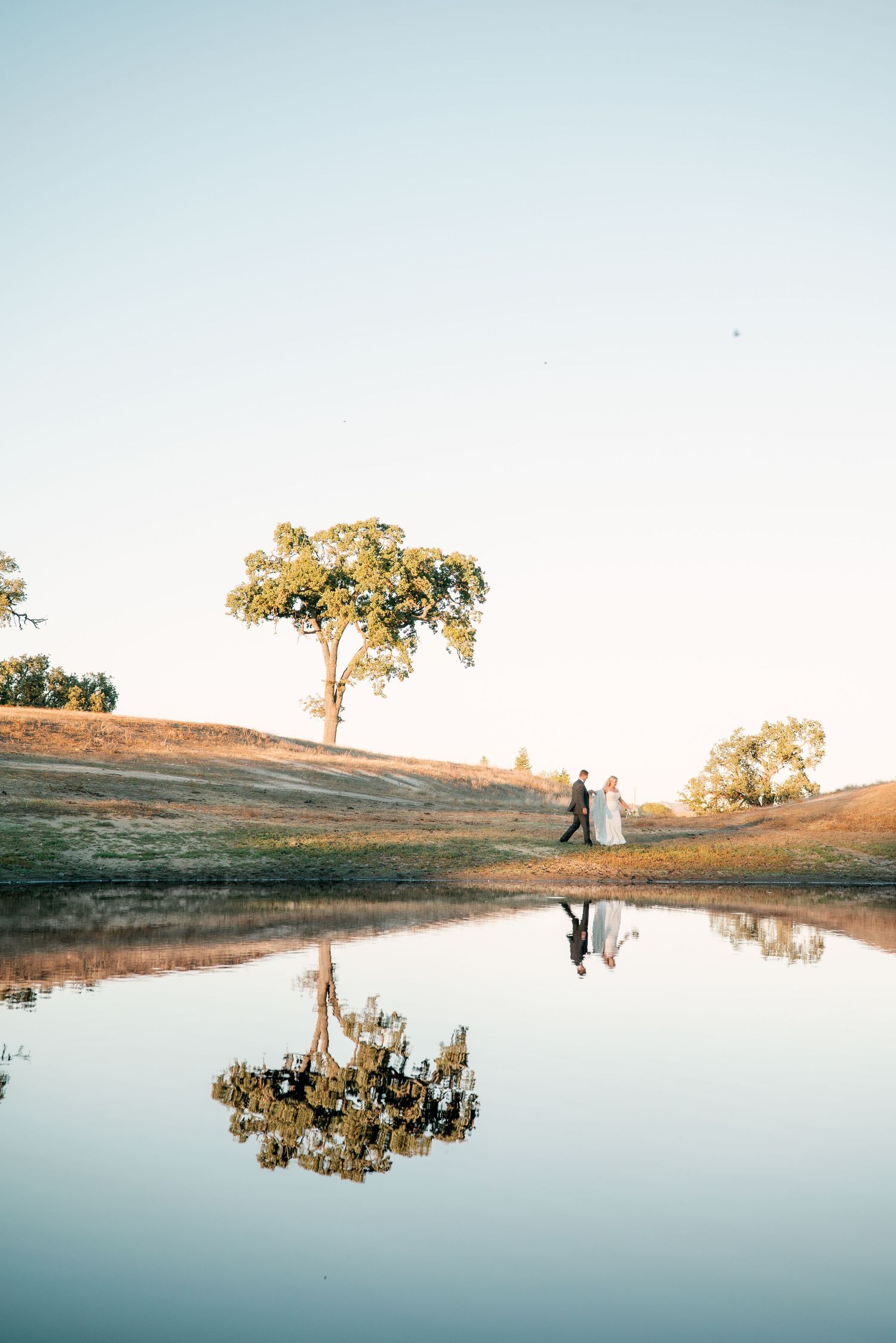 Scenic lakeside wedding photo with trees reflecting in still water during golden hour.