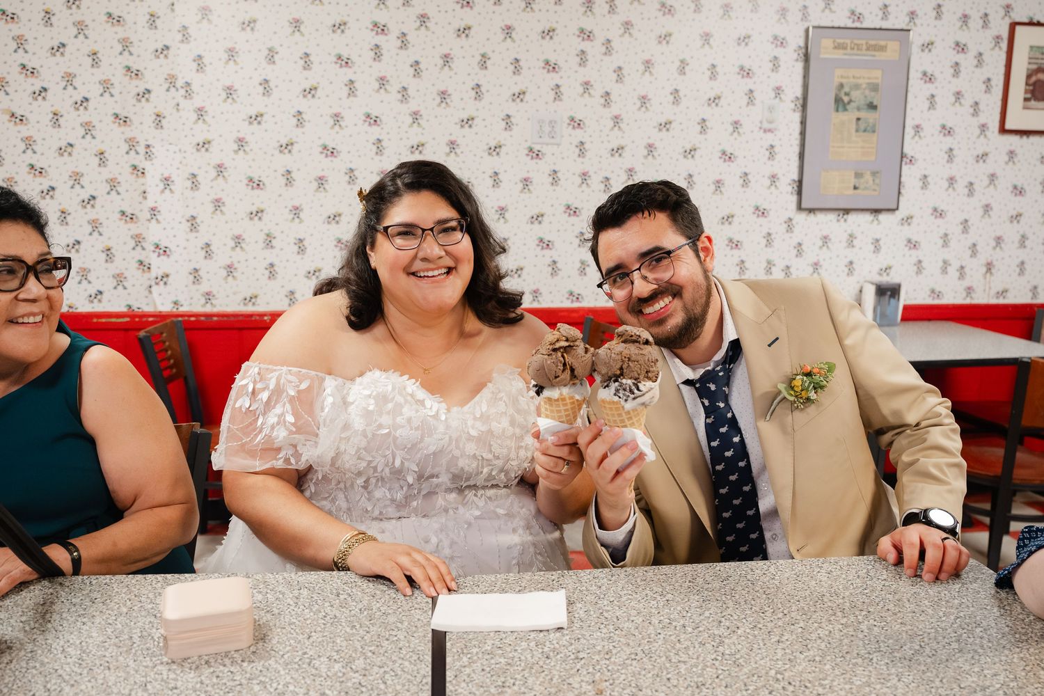 A series of candid photos showing people sitting at a diner counter enjoying a casual meal together.
