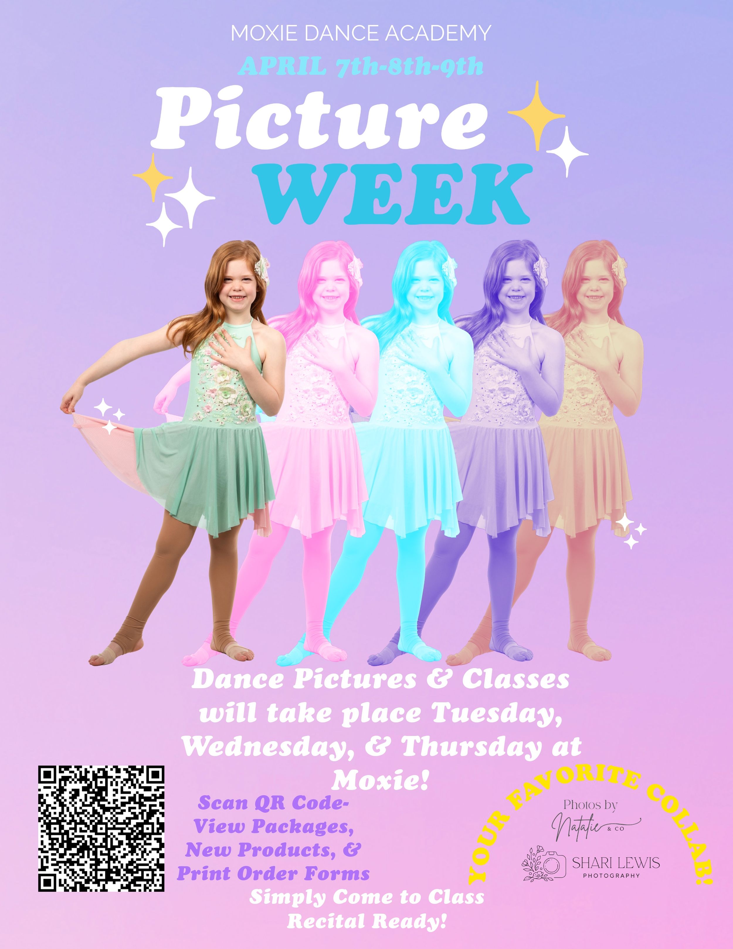 Purple and teal dance academy picture week announcement with colorful silhouettes.