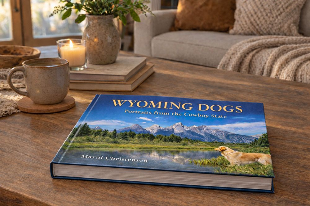 Coffee table books about Wyoming and nature displayed on a rustic wooden table with decorative elements.