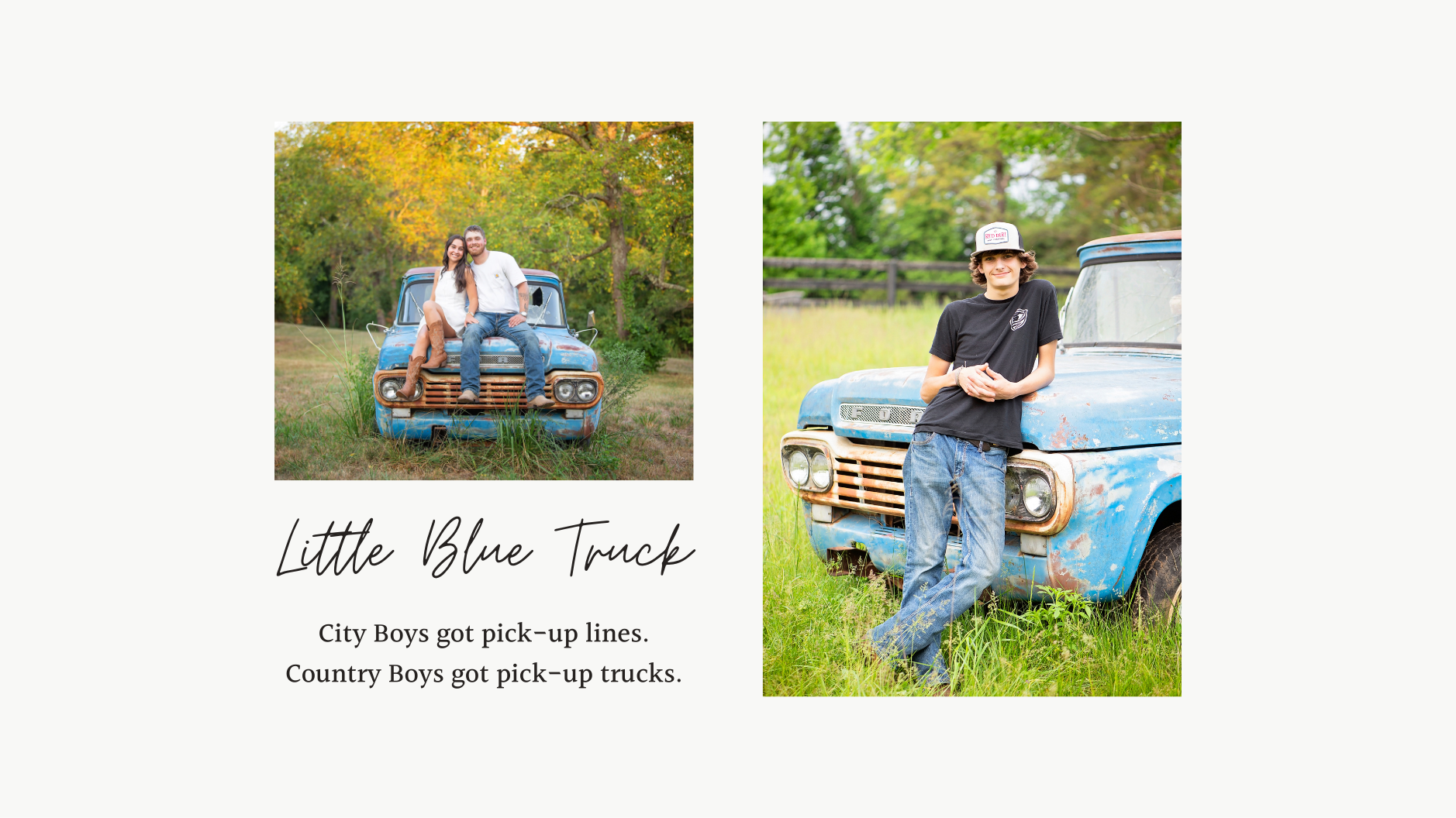 Couple sitting on vintage blue pickup truck surrounded by autumn trees with golden foliage in rural setting.