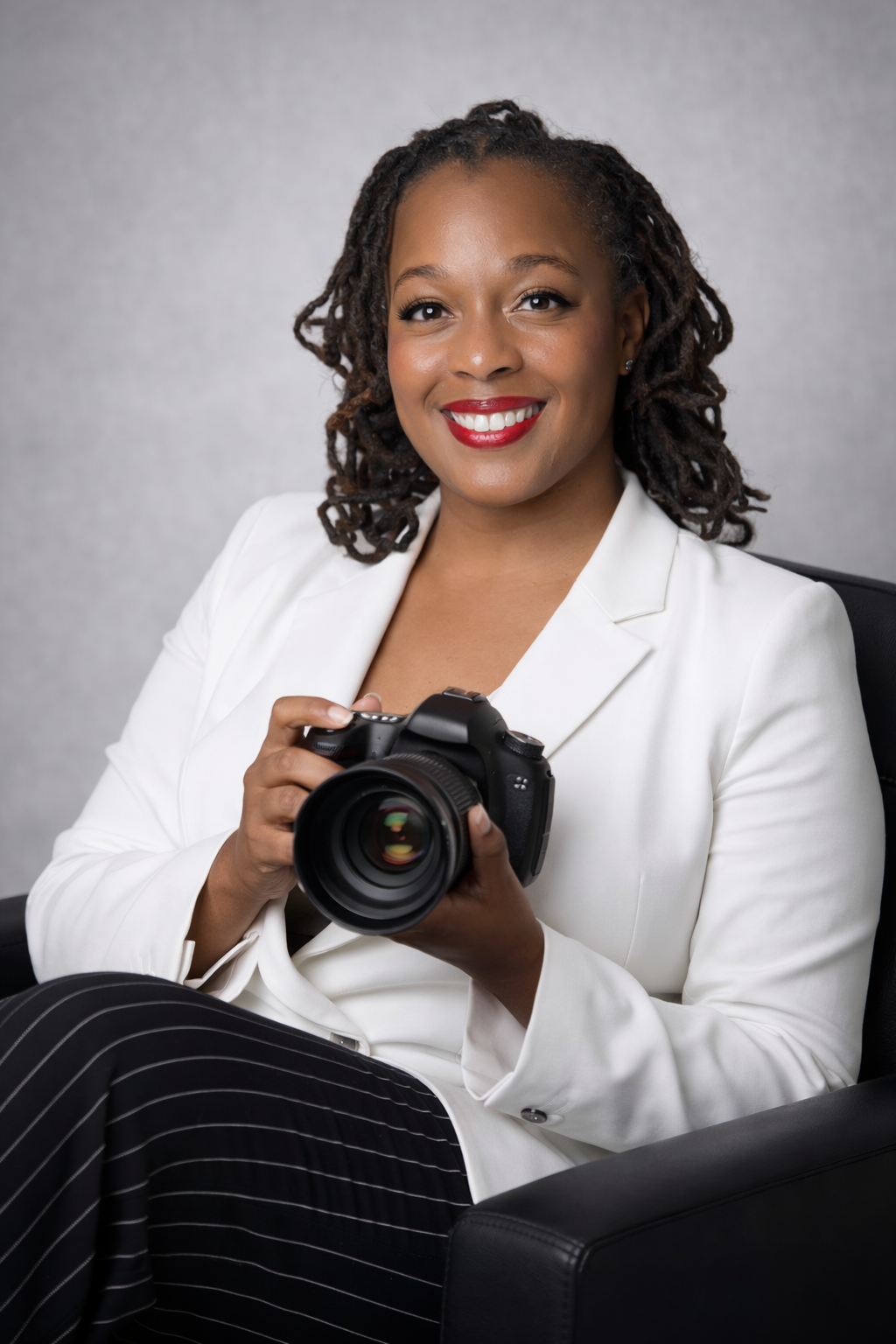 Professional photographer wearing a white blazer and black striped pants holds a DSLR camera in studio portraits.