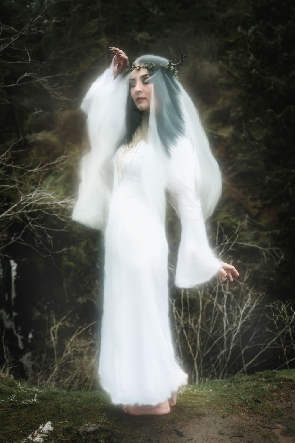 A ghostly painterly dreamy fantasy photo in the winter at Spokane Washington Indian Canyon Mystic Falls.