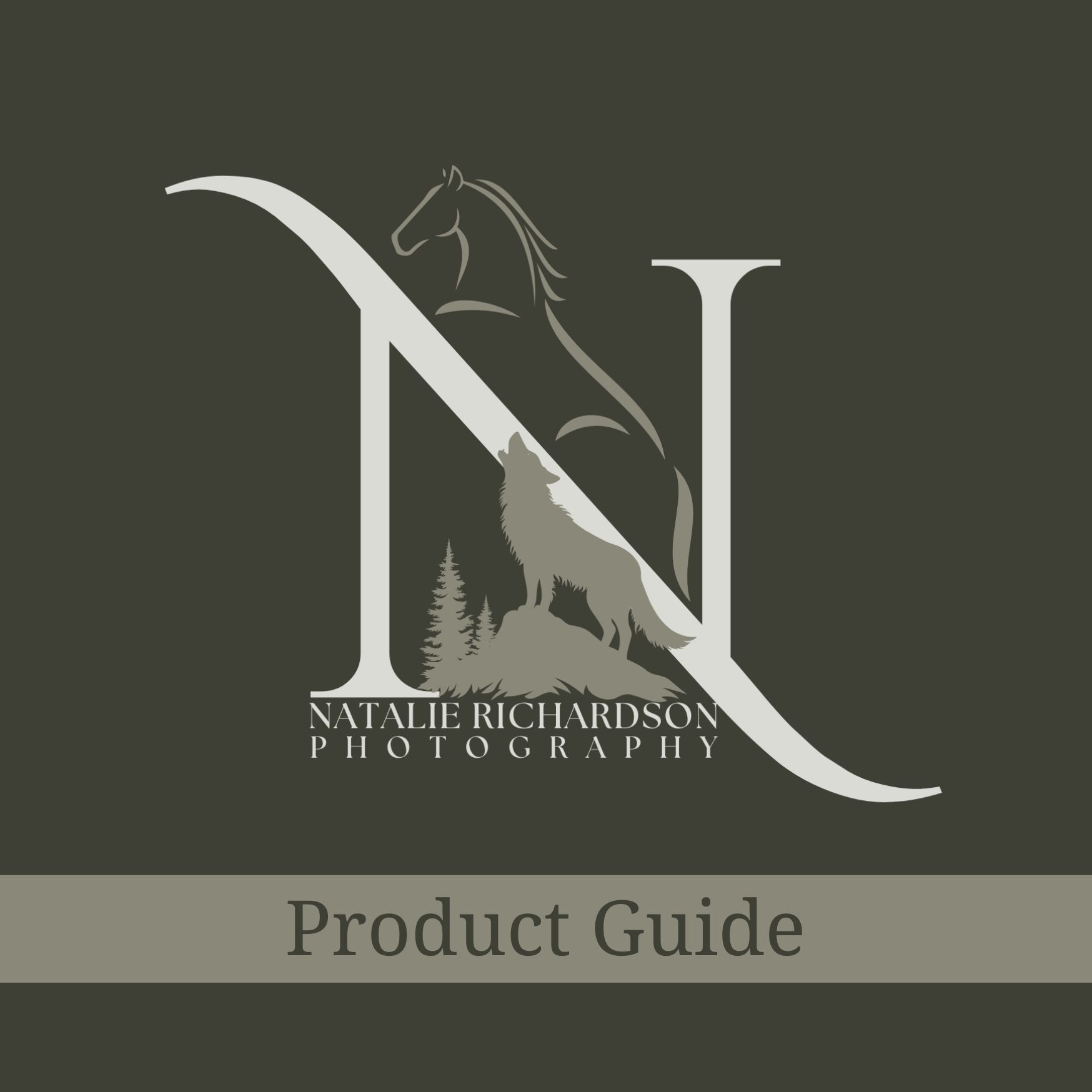 Professional photography product guide cover with horse and tree motif in olive green and white.
