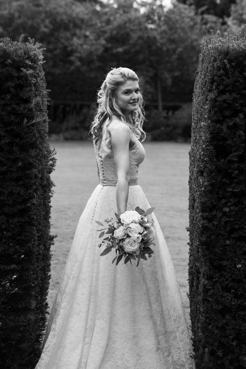Bride in country house garden walks through gap in groomed hedge and turns to camera