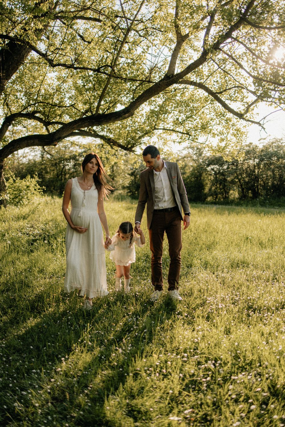 A family walks together through a sunlit meadow with tall grass and blooming wildflowers under tree branches.