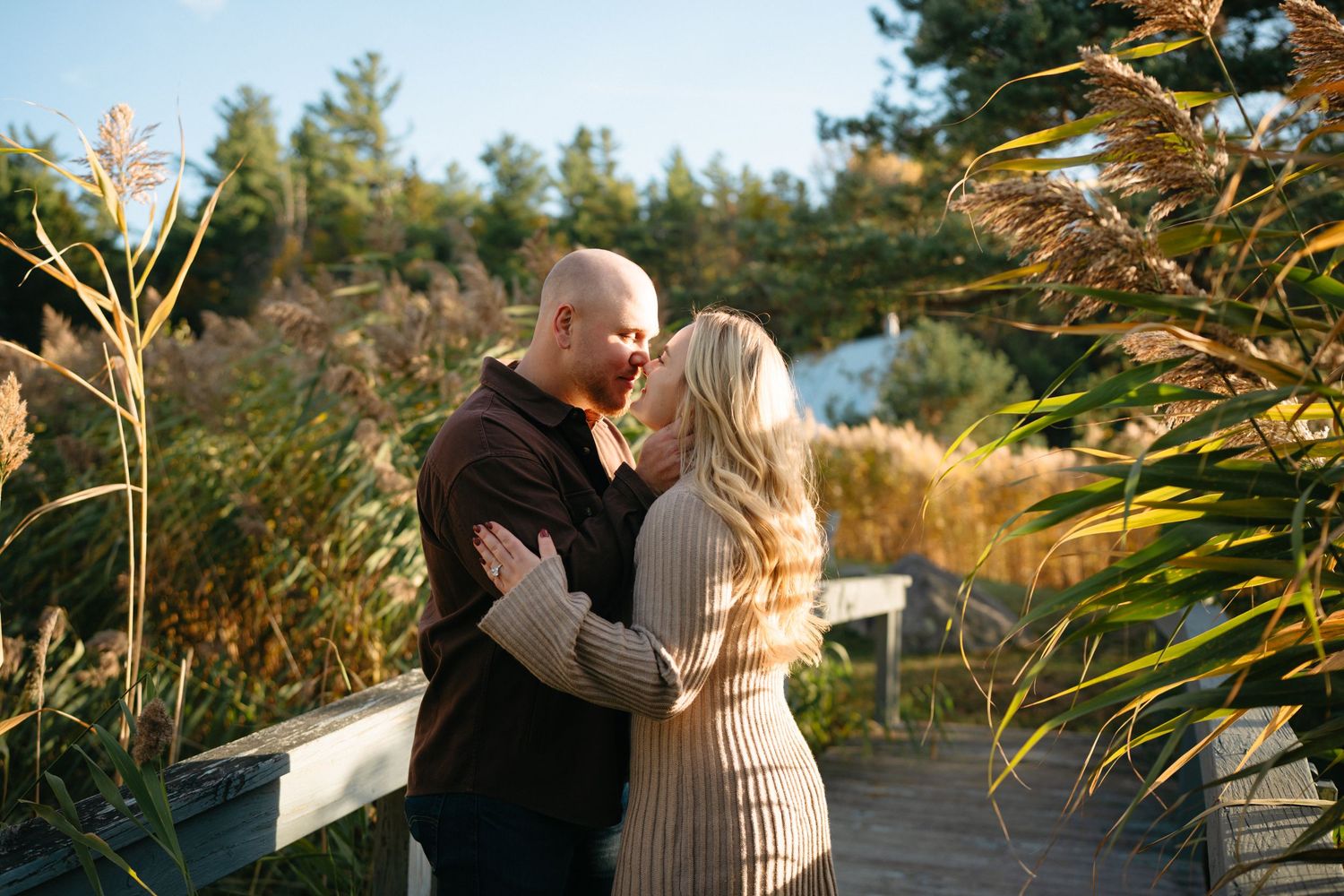 A couple embraces on a wooden boardwalk surrounded by tall grass and trees during golden hour.