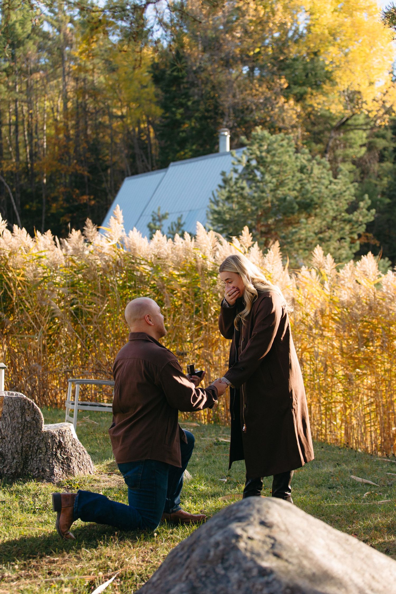 Two people sit together on a rock surrounded by golden autumn foliage and tall grass in warm evening light.