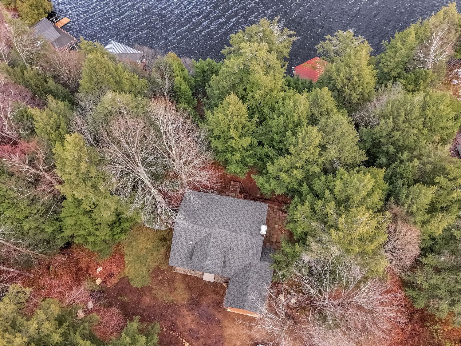 Aerial view of a lakefront cottage with gray roof nestled among autumn trees and waterfront access.
